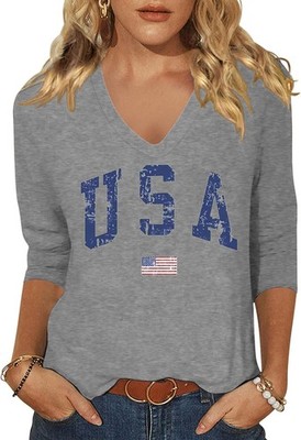 Womens 3/4 V Neck Sleeve American Flag Shirts 4th of July Summer Shirts Graph...