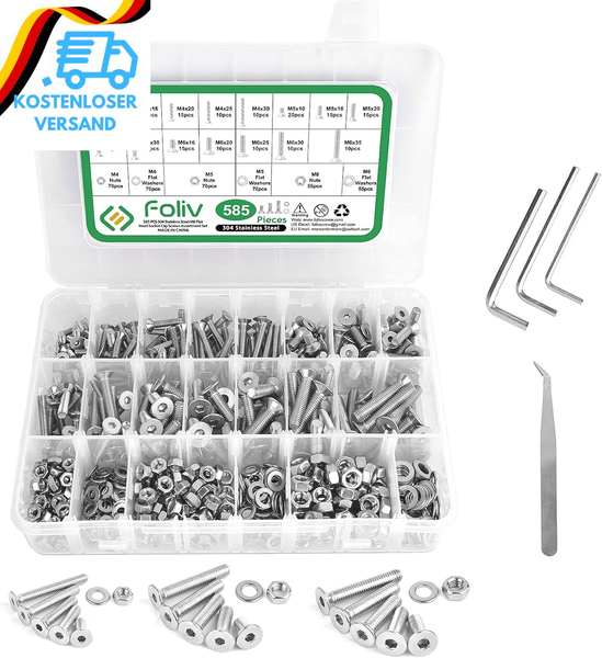 Foliv 585Pcs M4 M5 M6 Hex Flach-Knopf Schraube Set,304 Edelstahl Schrauben Mutte-image