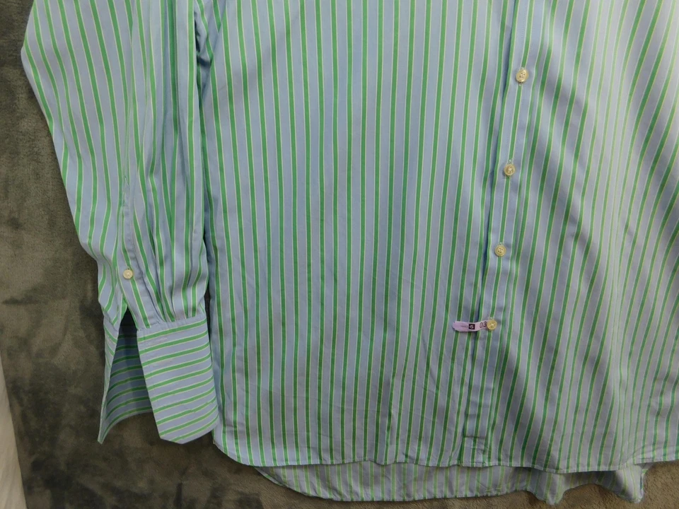 Thomas Pink Shirt Mens 18.5 2XL Blue Green Stripe Classic Fit French Cuff Dress - Image 4 of 4