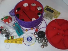 Sewing Notions Hat Box Style w/ Supplies Thread Pin Cushion Bobbins Pins Plus