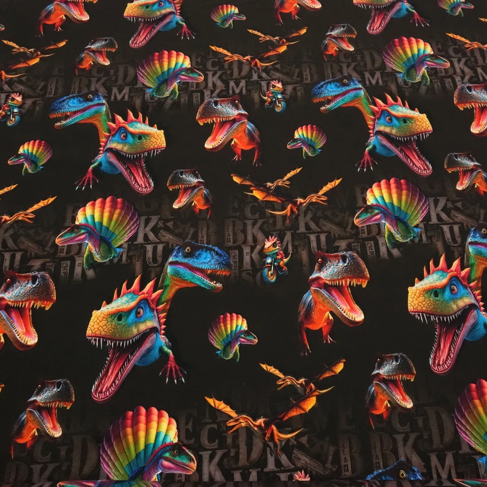 Stoff Baumwolle French Terry Dinos Dinosaurier T-Rex braun multicolor bunt - Bild 3 von 4