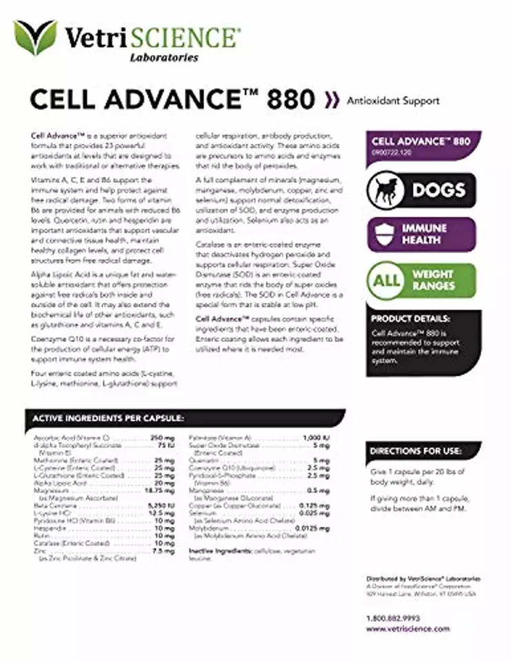 VETRISCIENCE Cell Advance 880, Suplemento de Salud Inmune para Perros Más de 30 Libras Foto 4 de 4
