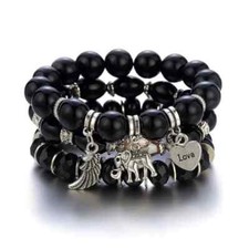 3Pc Elephant Charm Beaded Bracelet "LOVE" Stretch Bracelet Black  NEW 