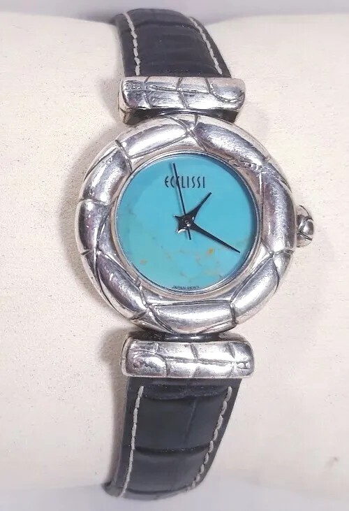 Ecclissi‎ Metropolitan Silver turquoise Dial Black Leather Band Needs Battery ECCLISSI Solid Sterling Silver .925 Turquoise Leather Band  main image 2