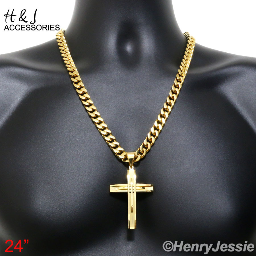 Colgante Cruz Collar Cubano Chapado en Oro 24" HOMBRE Acero Inoxidable 11mm*GA