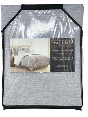 TAHARI QUEEN Embroidered Yarn Dyed Chambray Cotton Duvet Cover & 2 Shams Set NEW