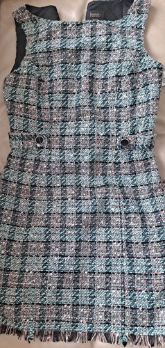 Laundry Shelli Segal Tweed Plaid Turquoise Fringe Accent Lined Jumper Sz 4 NWT - Picture 8 of 19
