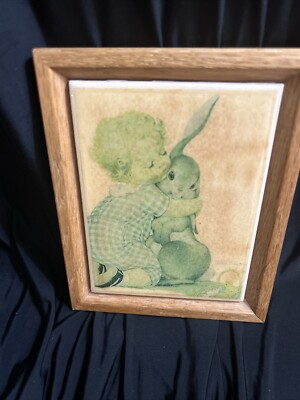 Framed Ceramic Tile With Boy Hugging Bunny