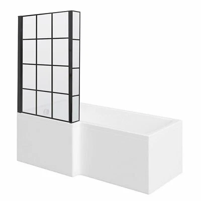 WELOVE Black Frame Screen 1600 x 850/700mm L-Shaped White Acrylic Shower Bath