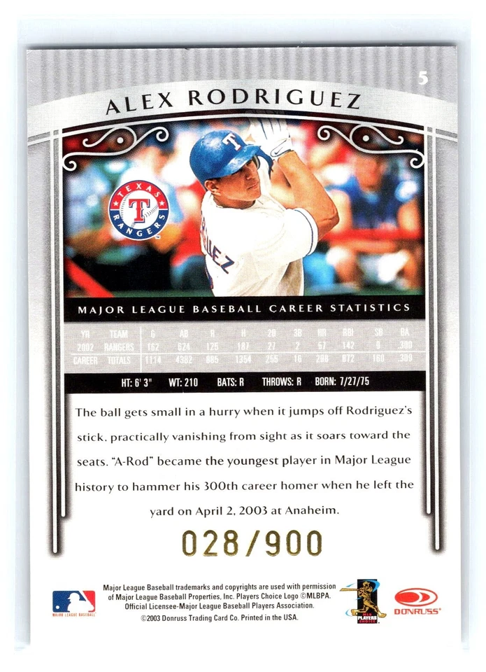 2003 Donruss Timeless Treasures #5 Alex Rodriguez Texas Rangers /900 - Image 2 of 2