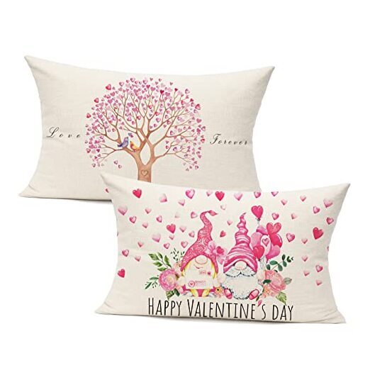 Valentines Day Lumbar Throw Pillow Covers 12x20 Set of 2 Gnome Valentines
