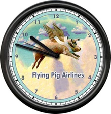 Pigs Fly Flying Pig Airline Pilot Airplane Wings Collector Funny Sign Wall Clock