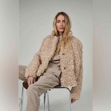 Closed Women's Beige Tan Curly Faux Fur Teddy Jacket In Biscuit Size Xs