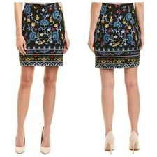 J. McLaughlin Women's Sz 12 Black Embroidered Bainbridge Pencil Skirt Lined Folk