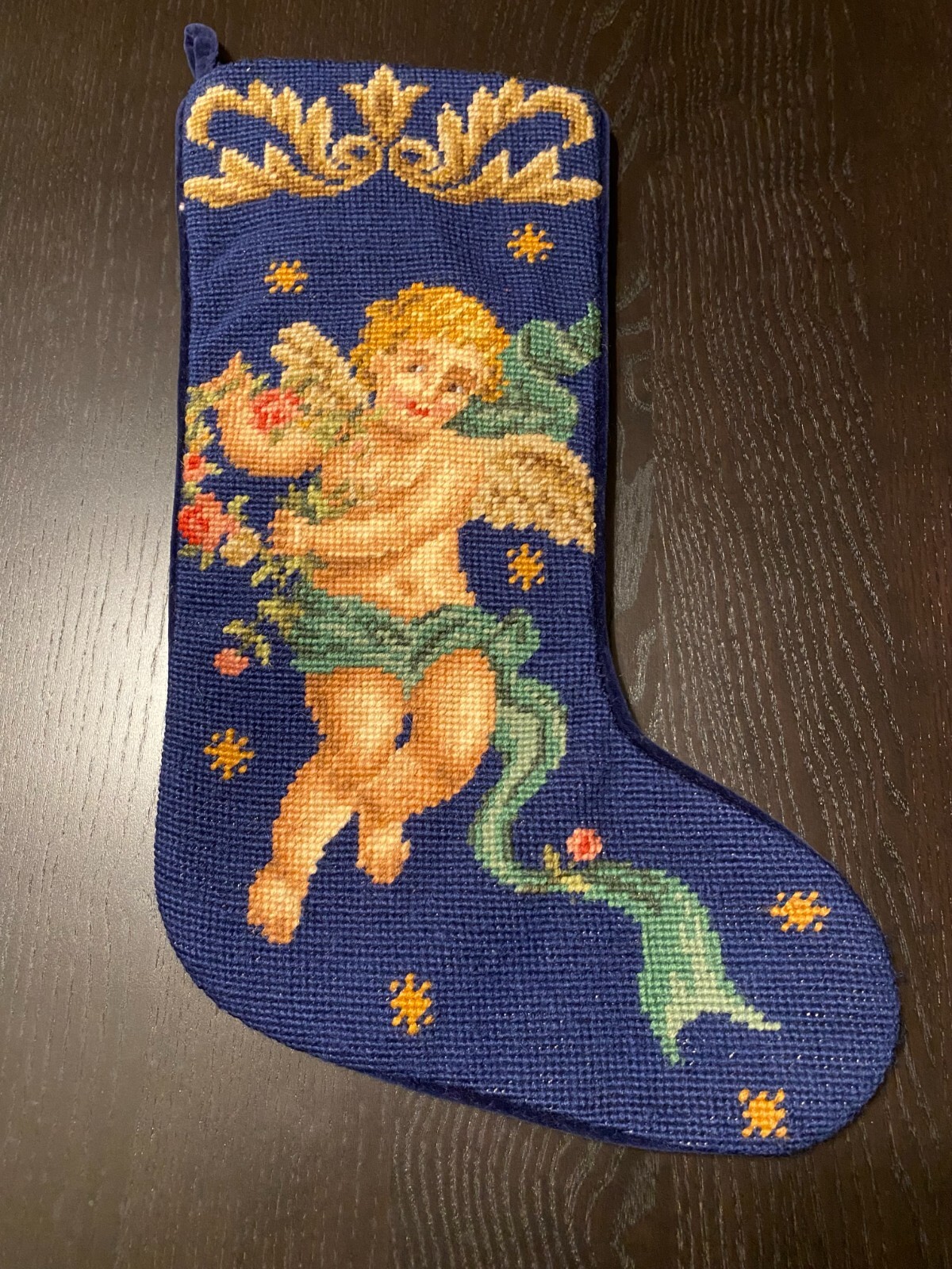 2 Imperial Elegance Christmas Stockings Wool Needlepoint Angel Cherub