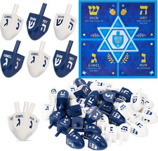 32-Piece Hanukkah Dreidels, Blue/White Wooden, English Rules  Play Map Included