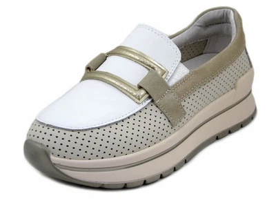 Mocassins Femme Cuir Blanc Et Beige Compensé Faible Plantaire Tirer Descanflex - Photo 1/4