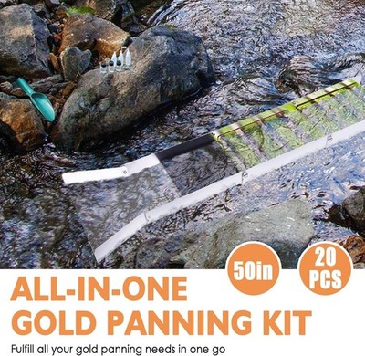 20pc Complete Gold Panning & Prospecting Kit with 50'' Folding Sluice Box, Portab