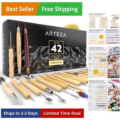Pottery & Sculpting Tools, 42-Piece Clay Tools Set with Wooden Handles & Stee...