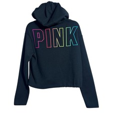 PINK Victoria's Secret Hoodie Womens Medium Black Rainbow Logo Fleece Pullover