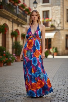 Hypnotik Womens Dress Halter Maxi Tropical Coral Floral Blue Bright Plus Med.