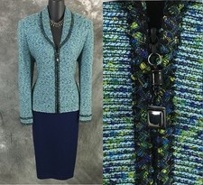 BEAUTIFUL St John collection knit blue multi jacket skirt suit size 8