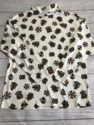 Vintage Hunt Club Shirt Mens Large White Crest Print Mock Neck Long Sleeve 90s