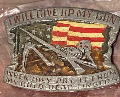 1980 Belt Buckle ''Give up My Gun'' Pry Fingers Skeleton USA Flag Indiana Metal 