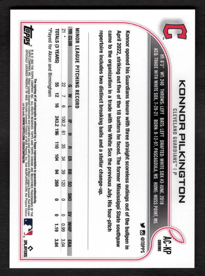 2022 Konnor Pilkington Topps Chrome Baseball Rookie RC Refractor Auto AC-KP - Image 2 of 2