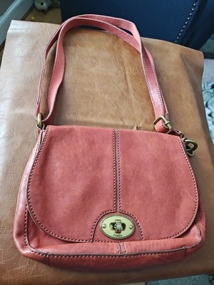 Fossil Genuine Leather Red/Brown Crossbody Bag Adjustable Strap Pockets 8x9x2