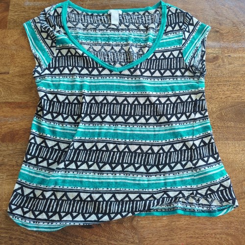 Forever 21 Geometric Linen Short Sleeve Shirt Top Teal Black Size Women's Small