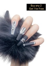Press on nails  074 long black and silver color