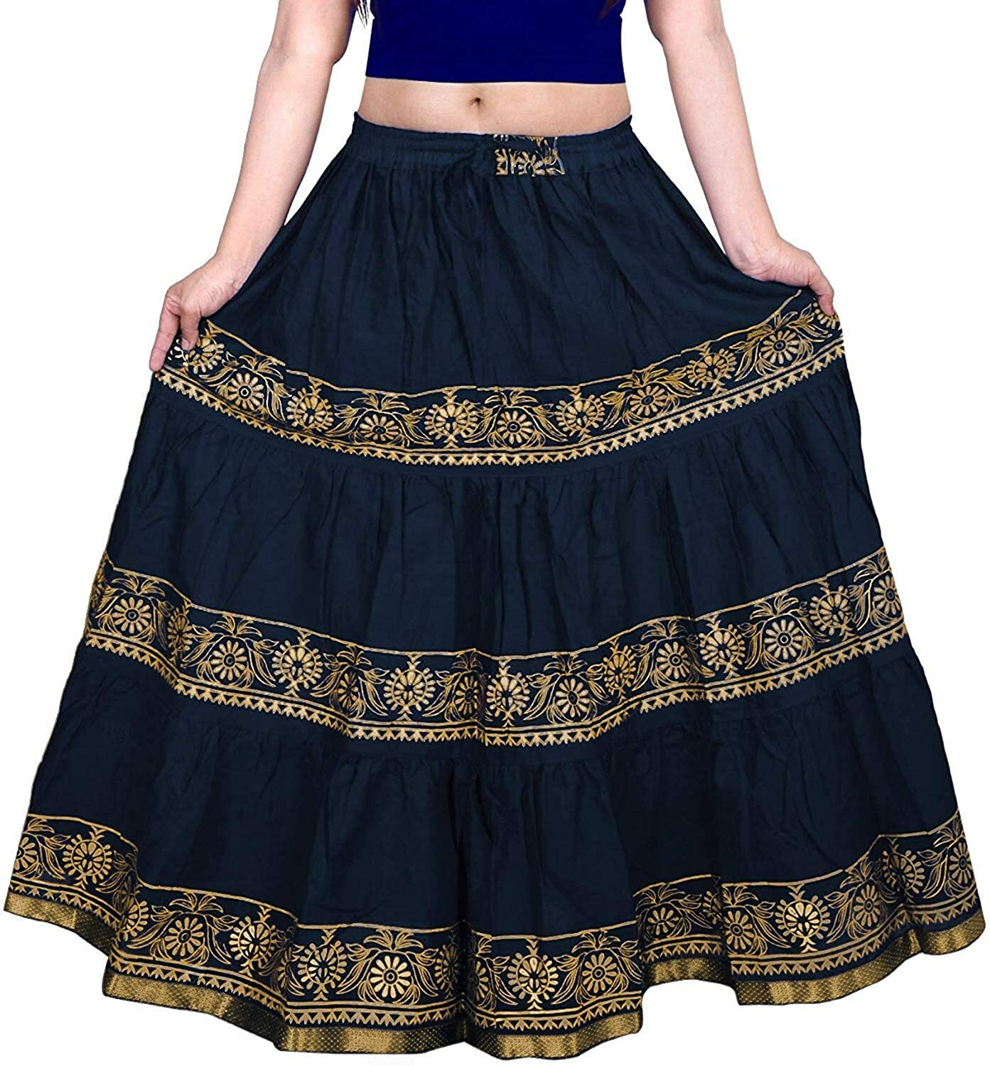 Rajasthani Ethnic Gold Print Navy Blue Flared Skirt Free Size