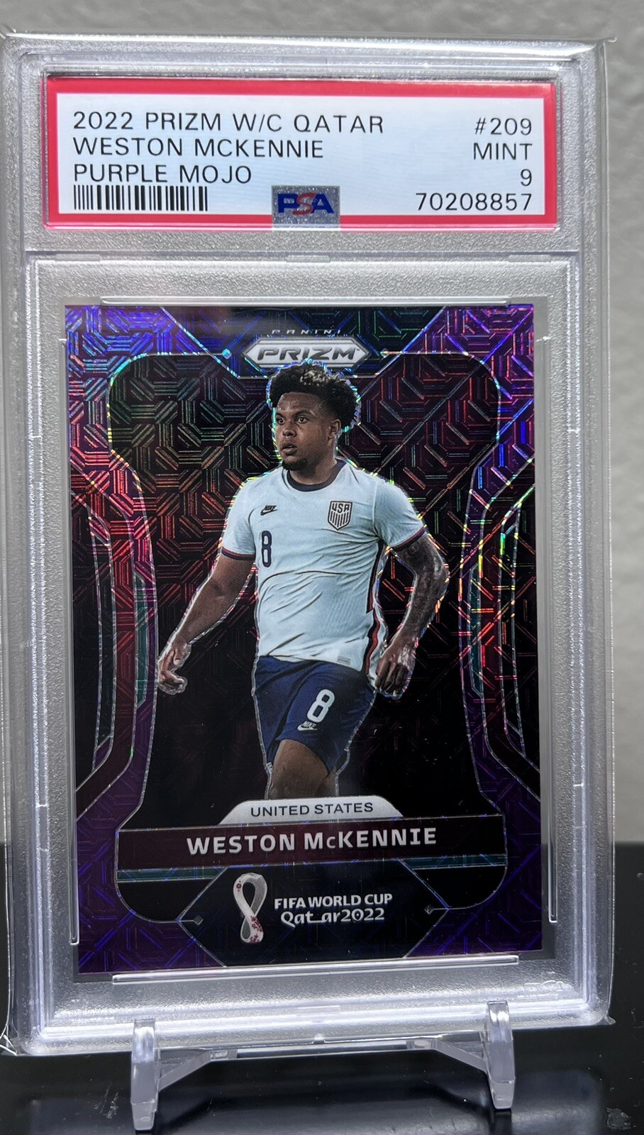 2022 Prizm FIFA World Cup Qatar Weston Mckennie Purple Mojo Prizm /49 PSA 9