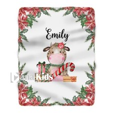 Personalized Baby Cow Christmas Blanket, Cow Baby Name Blanket, Christmas Gift