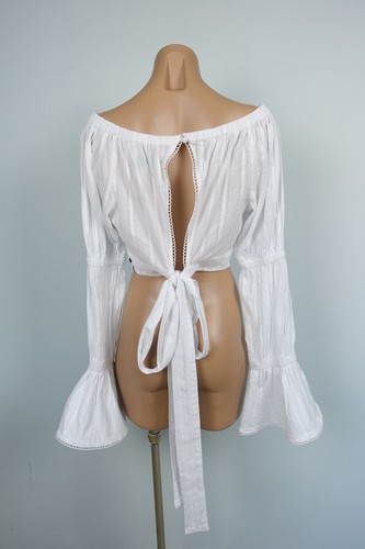 One Teaspoon Womens Blouse XS Extra Small AU 6 White Crop Top Boho Flared Cuffs - Picture 9 of 17