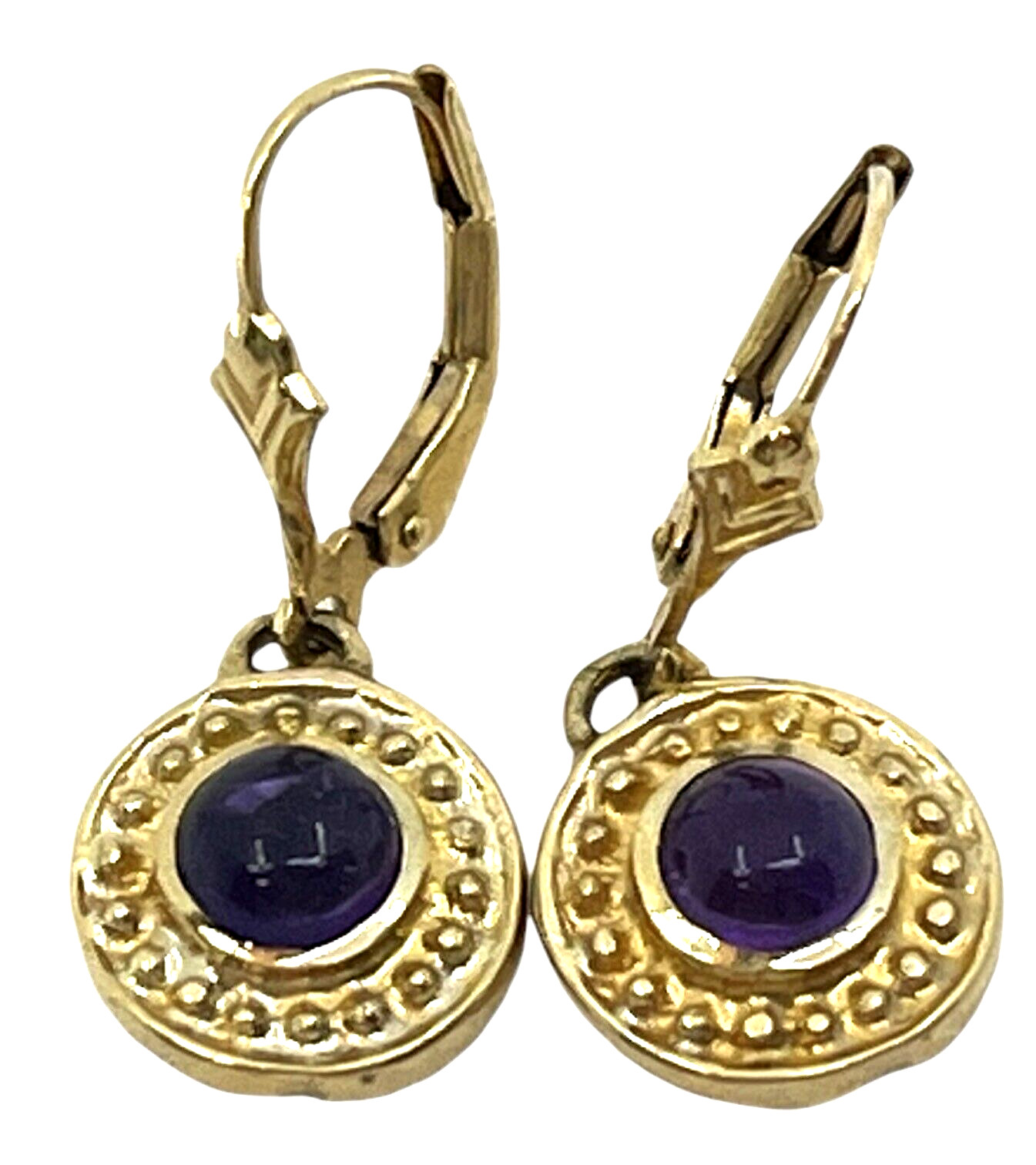 14k Solid Yellow Gold Round Drop Dangle Amethyst … - image 1