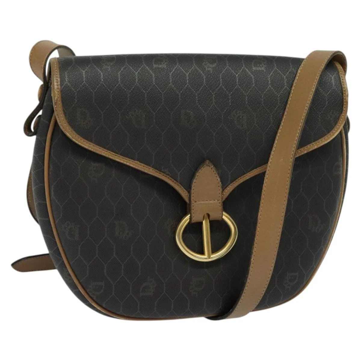 Christian Dior sac à bandoulière toile nid d'abeille PVC cuir noir marron authentique BA497
