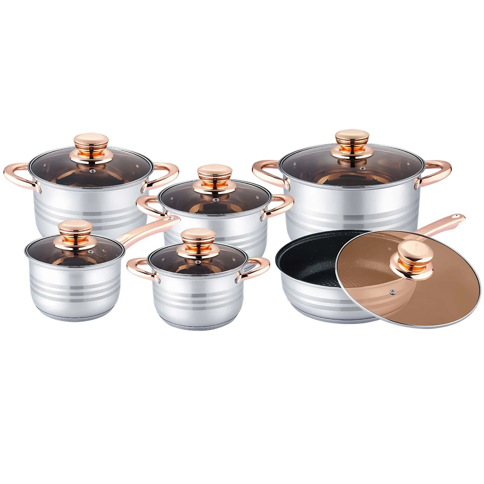 12Pc Stainless Steel Induction Hob Casserole Saucepan Stock Pot Fry Pan Cookware