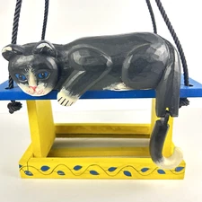 Vintage Folk Art Hanging Preying Cat Bird Feeder Hand Painted Wood Garden Decor