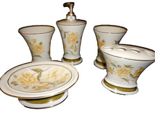 CROSCILL FRAGRANCE YELLOW GREEN GOLD FLORAL 5PC TUMBLER, LOTION, T/BRUSH, DISH