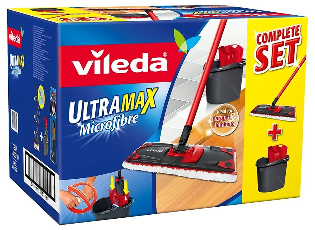 Vileda Ultramax Flat Mop & Bucket Set Microfibre Handle Home Wringer Cleaning
