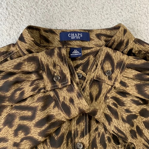 CHAPS Shirt Womens XL Button Up Blouse Top Cheetah Print Sheer Green Brown - Picture 7 of 7