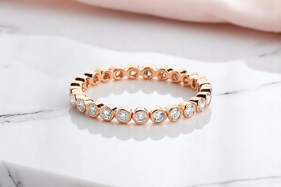 14k Solid Gold Diamond Bezel Set Eternity Wedding Ring Diamond Wedding Band - Image 3 of 3