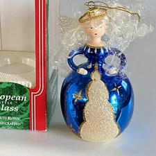 Santa's Best Angel Glass Ornament Hand Blown European Style BLUE 6.5”