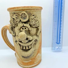 Vintage 3D Ugly Face Pottery Mug W/Handle Signed Eric Becker 6" 