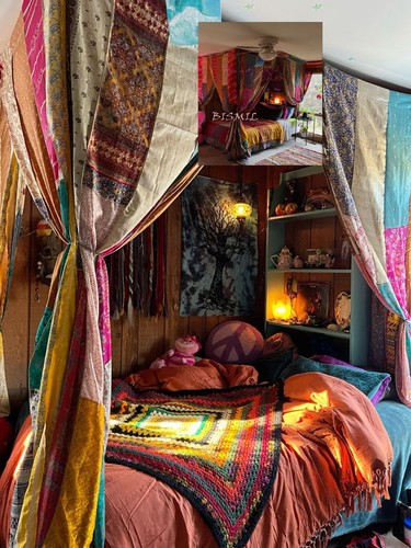 Baldachin Königin/König/Zwilling IN Vorhänge Bohemian Hippie Boho Dekor Indien Stoff Seide - Bild 4 von 4