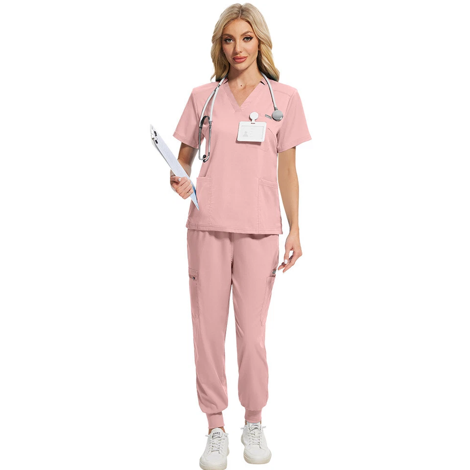 Stretch Nursing Medical Scrub Uniform Set Men Women V-Neck Jogger Workware Suit - Image 4 of 4