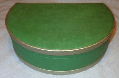 OLD VINTAGE GREEN HINGED LID HALF ROUND DRESSER SEWING HAT GLOVE OR HANKIE BOX?