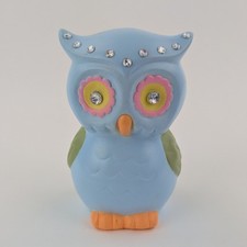 Vintage Ceramic Owl Bank Rhinestone Eyes Blue Mid Century Kitsch Japan MCM 6"